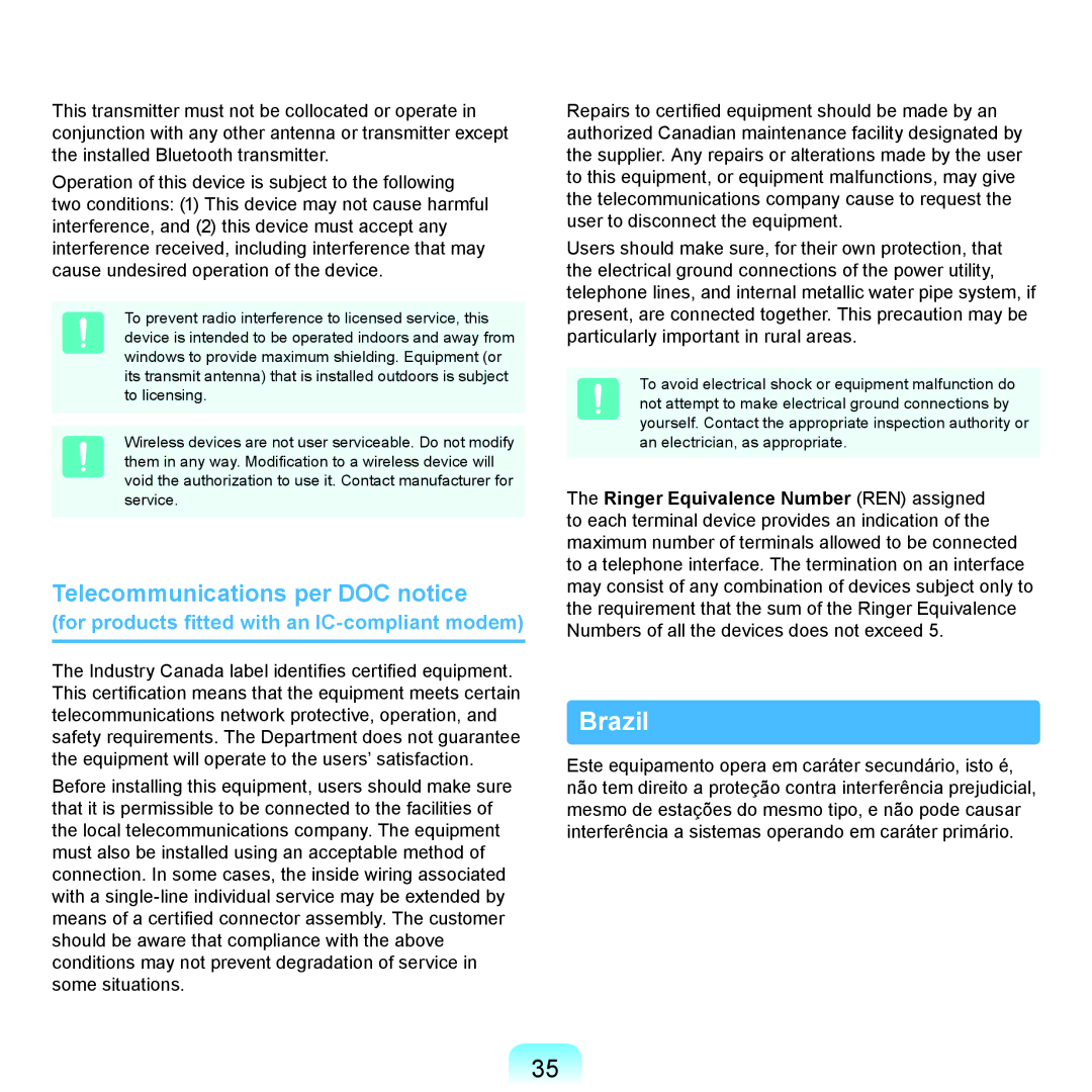 Samsung NP-Q210-FA04DE, NP-R780-JS01UA, NP-R590-JS0YDE, NP-R580-JT03DE manual Brazil, Telecommunications per DOC notice 
