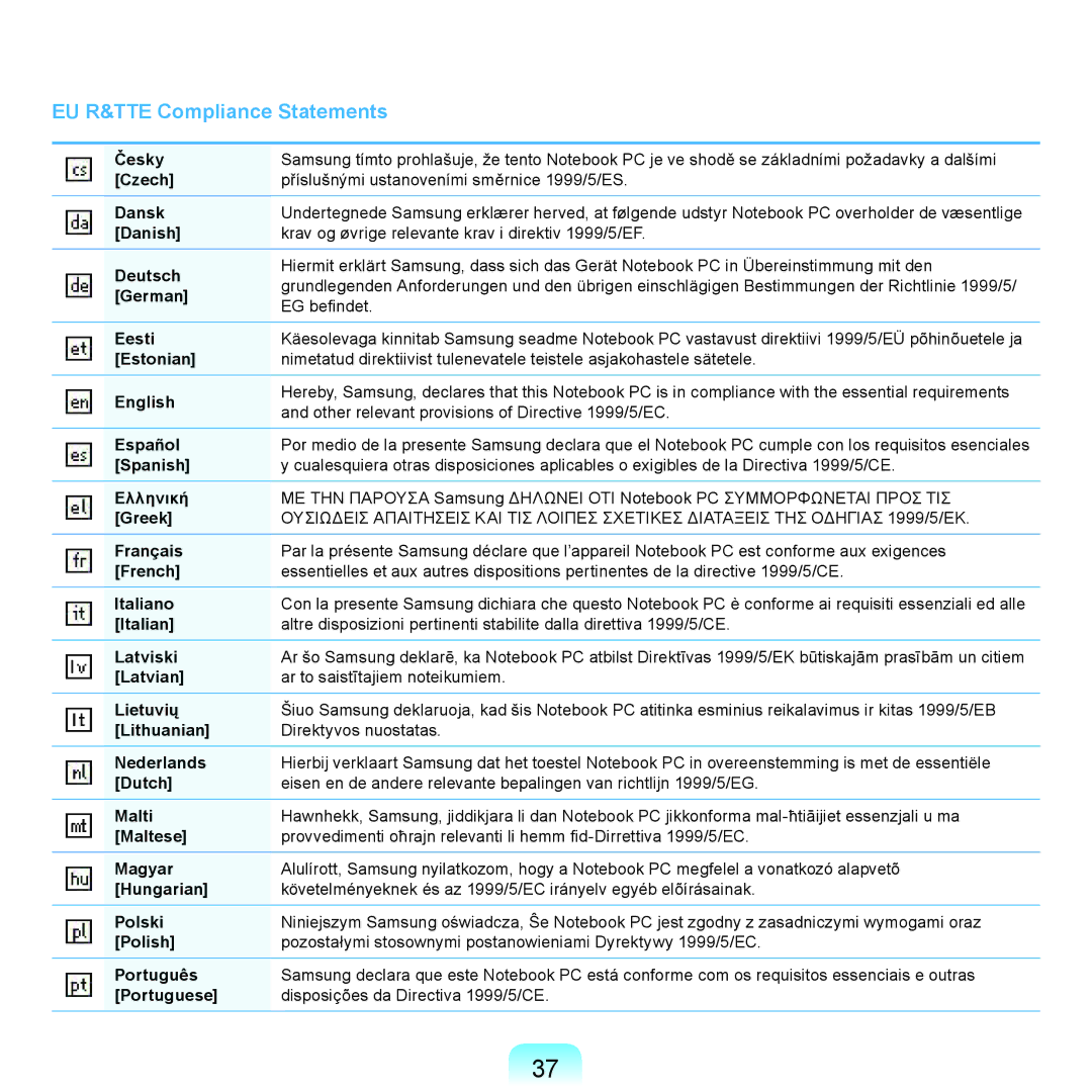 Samsung NP-R780-JS02UA Česky, Czech, Dansk, Danish, Deutsch, German, Eesti, Estonian, English, Español, Spanish, Ελληνική 