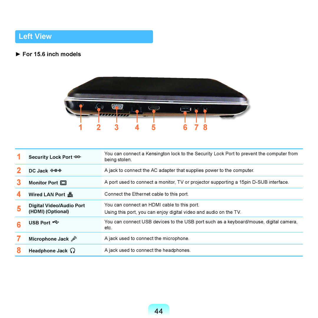 Samsung NP-RF711-S09DE, NP-R780-JS01UA, NP-R590-JS0YDE, NP-R580-JT03DE, NP-R560-AS0JDE, NP-R560-AS06DE, NP-Q210IBM/FR Left View 