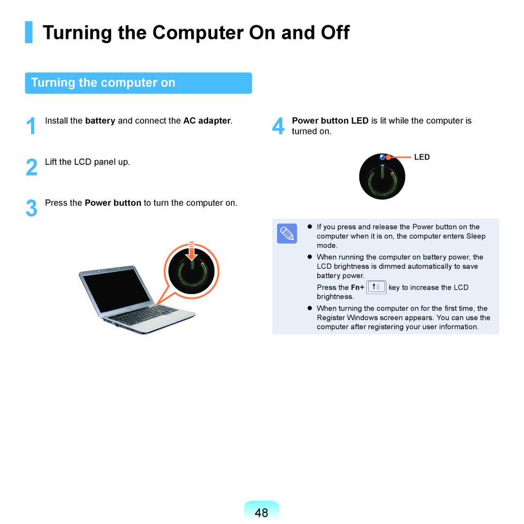 Samsung NP-RF510-S03UA, NP-R780-JS01UA, NP-R590-JS0YDE manual Turning the Computer On and Off, Turning the computer on 