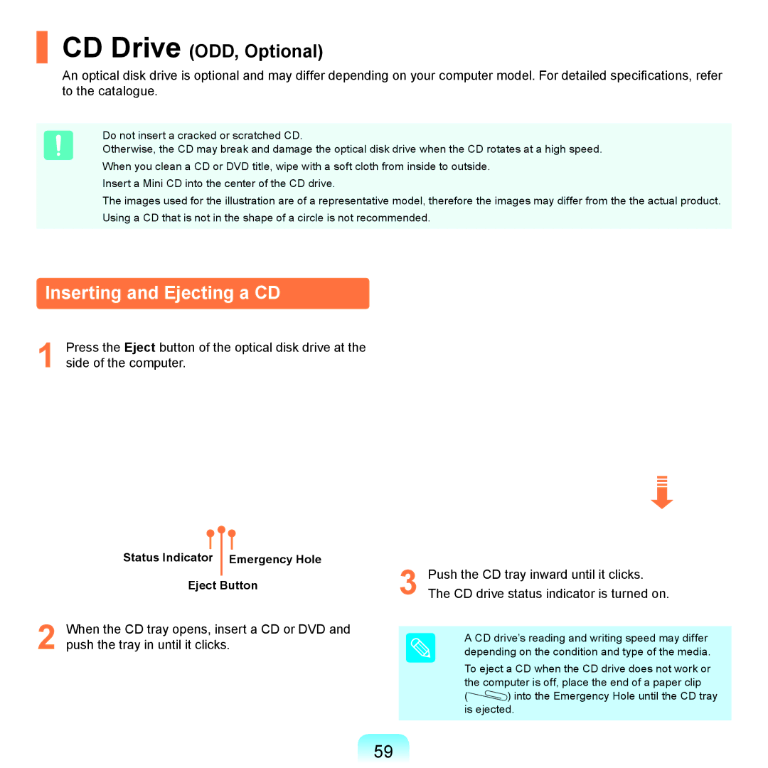 Samsung NP-R530-JA01DE, NP-R780-JS01UA Inserting and Ejecting a CD, Push the CD tray inward until it clicks, Eject Button 