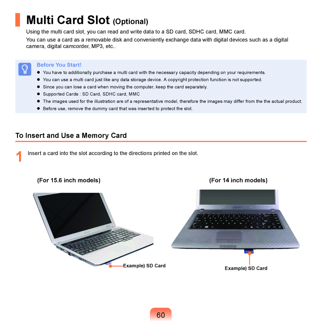 Samsung NP-R530-JA07UA, NP-R780-JS01UA manual Multi Card Slot Optional, To Insert and Use a Memory Card, Example SD Card 