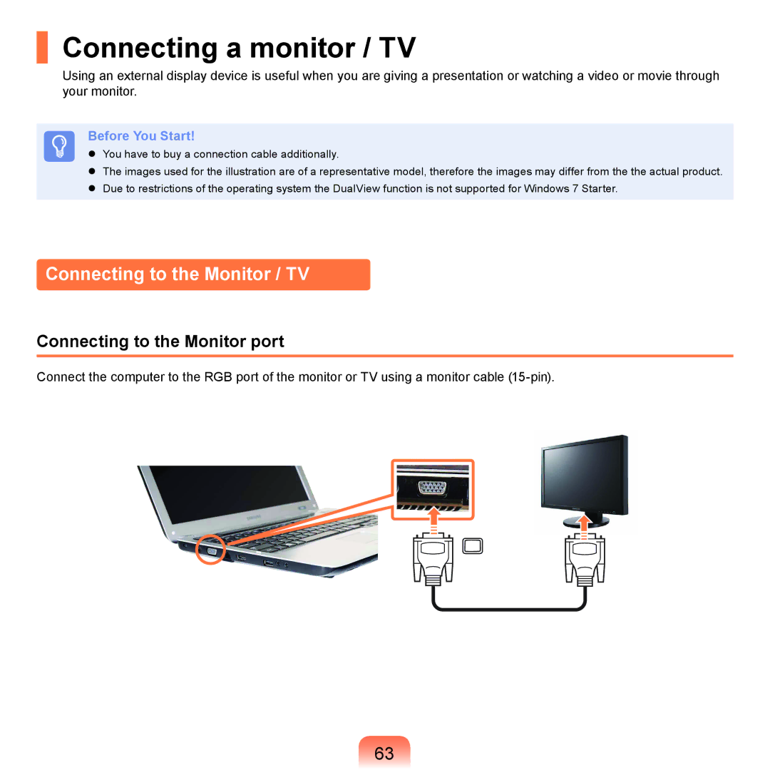 Samsung NP-R580-JS02DE manual Connecting a monitor / TV, Connecting to the Monitor / TV, Connecting to the Monitor port 