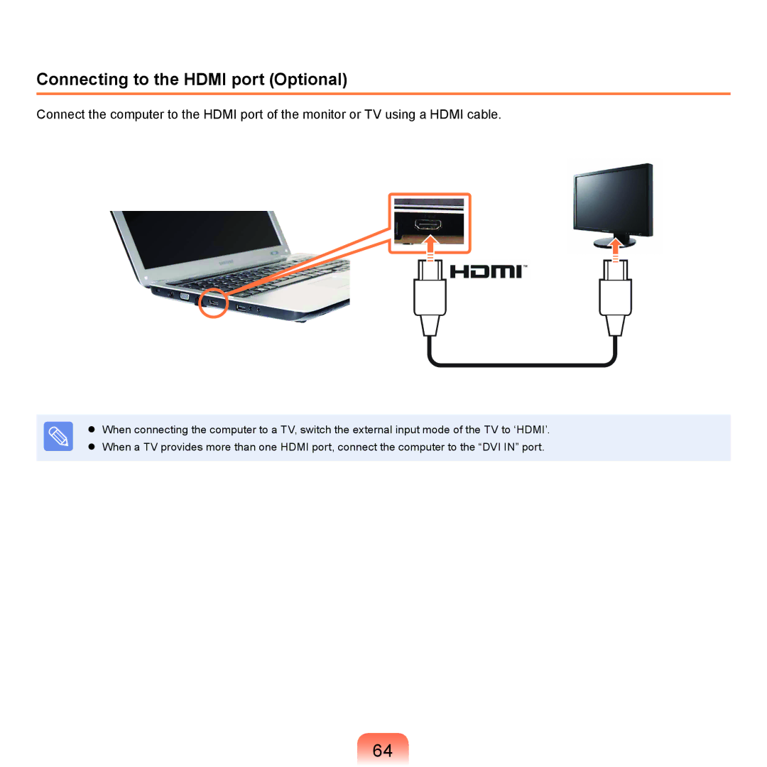 Samsung NP-R580-JS02AT, NP-R780-JS01UA, NP-R590-JS0YDE, NP-R580-JT03DE, NP-R560-AS0JDE Connecting to the Hdmi port Optional 