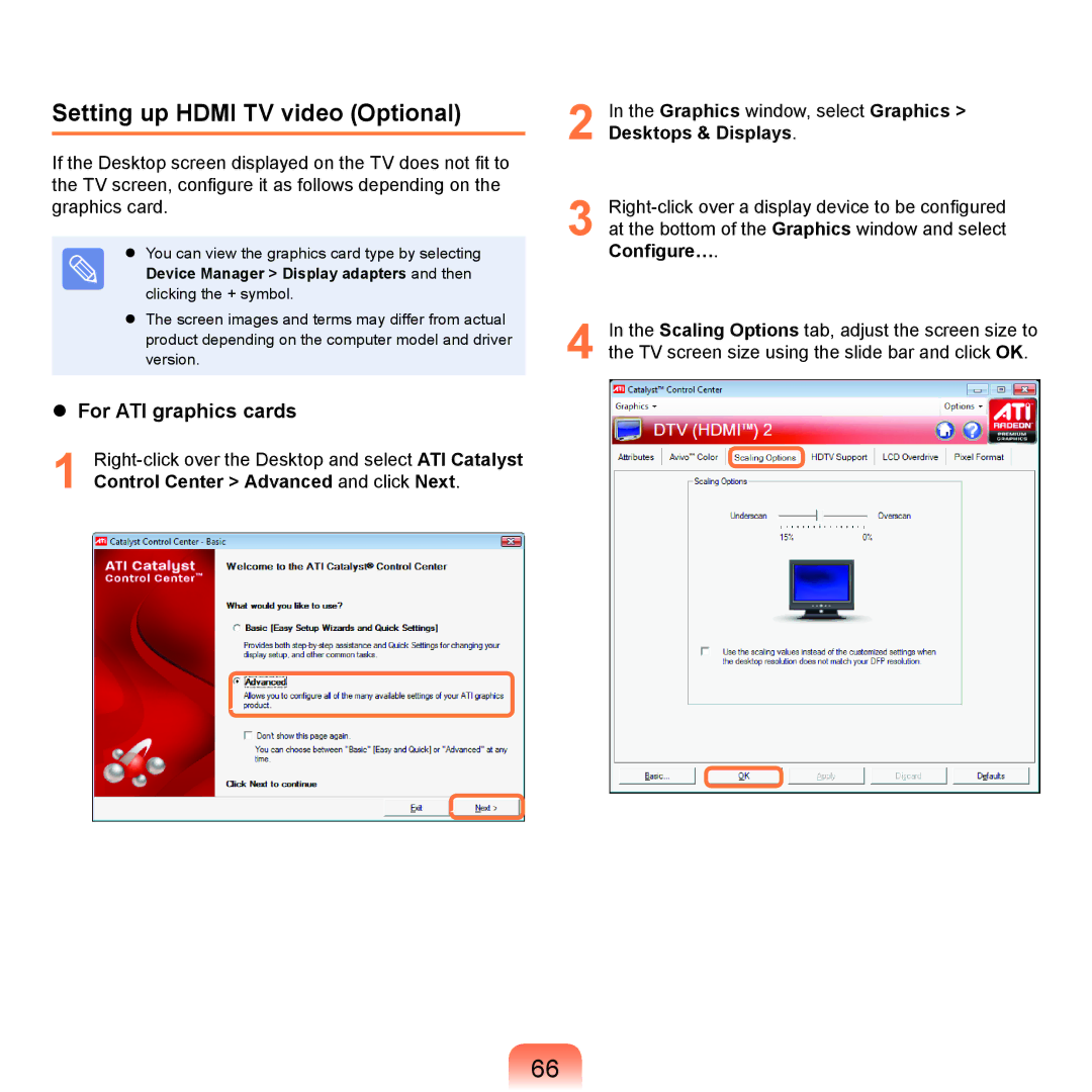 Samsung NP-R560-AS0HDE, NP-R780-JS01UA, NP-R590-JS0YDE manual Setting up Hdmi TV video Optional,  For ATI graphics cards 