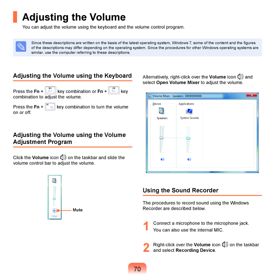 Samsung NP-R540-JS07DE Adjusting the Volume using the Keyboard, Using the Sound Recorder, Select Recording Device 