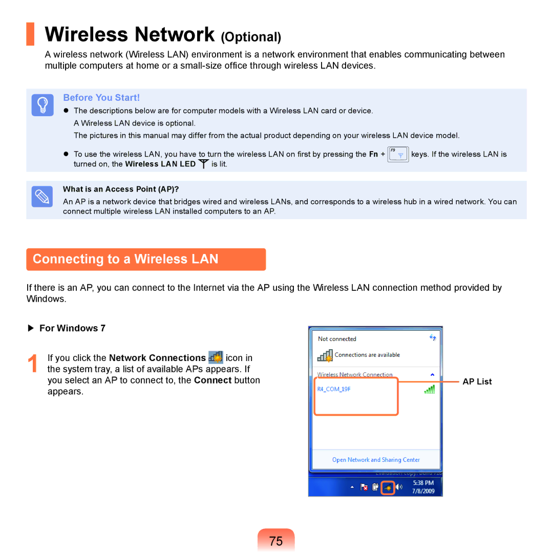 Samsung NP-RF710-S05DE manual Wireless Network Optional, Connecting to a Wireless LAN, AP List, What is an Access Point AP? 