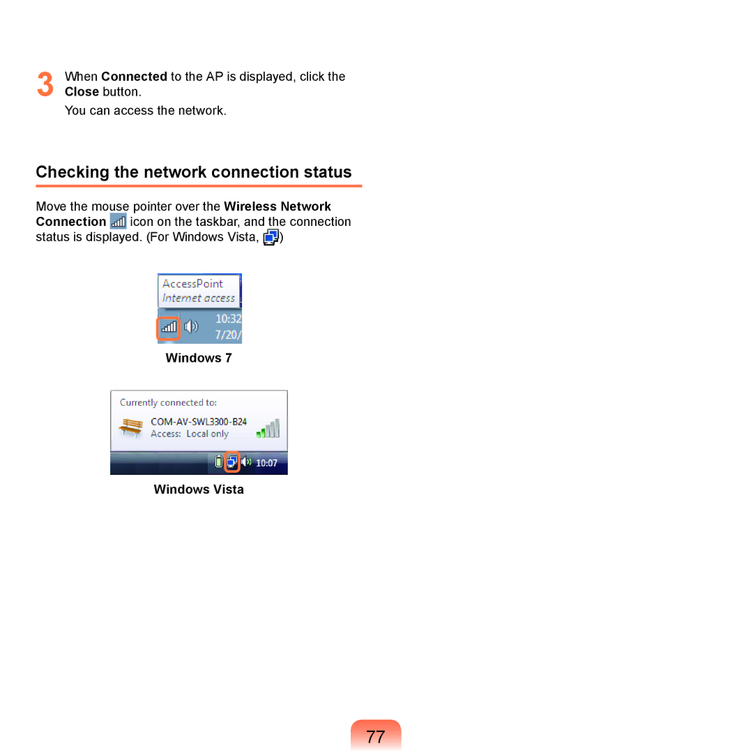 Samsung NP-R580-JS03DE, NP-R780-JS01UA, NP-R590-JS0YDE manual Checking the network connection status, Windows Windows Vista 