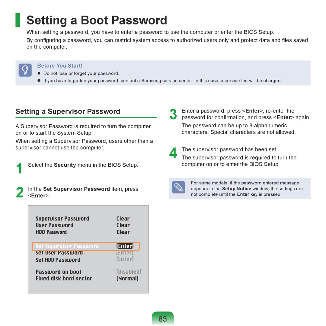 Samsung NP-R560-AS08DE Setting a Boot Password, Setting a Supervisor Password, Set Supervisor Password item, press, Enter 