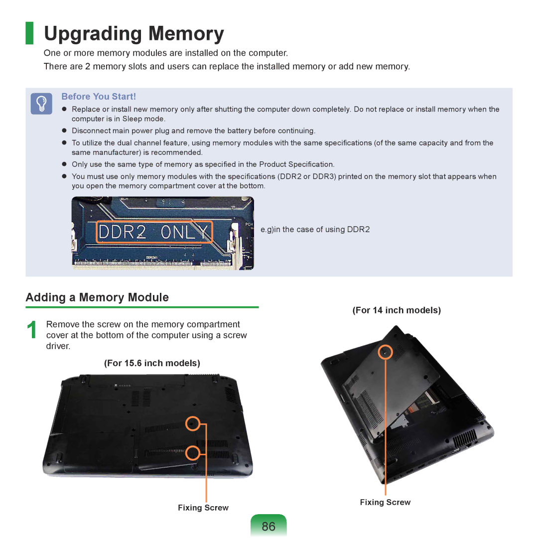 Samsung NP-R530-JA50DE Upgrading Memory, Adding a Memory Module, For 14 inch models, For 15.6 inch models, Fixing Screw 