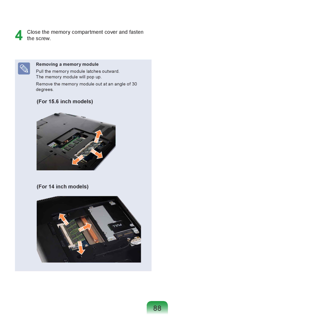 Samsung NP-R522-JS06DE, NP-R780-JS01UA Close the memory compartment cover and fasten the screw, Removing a memory module 