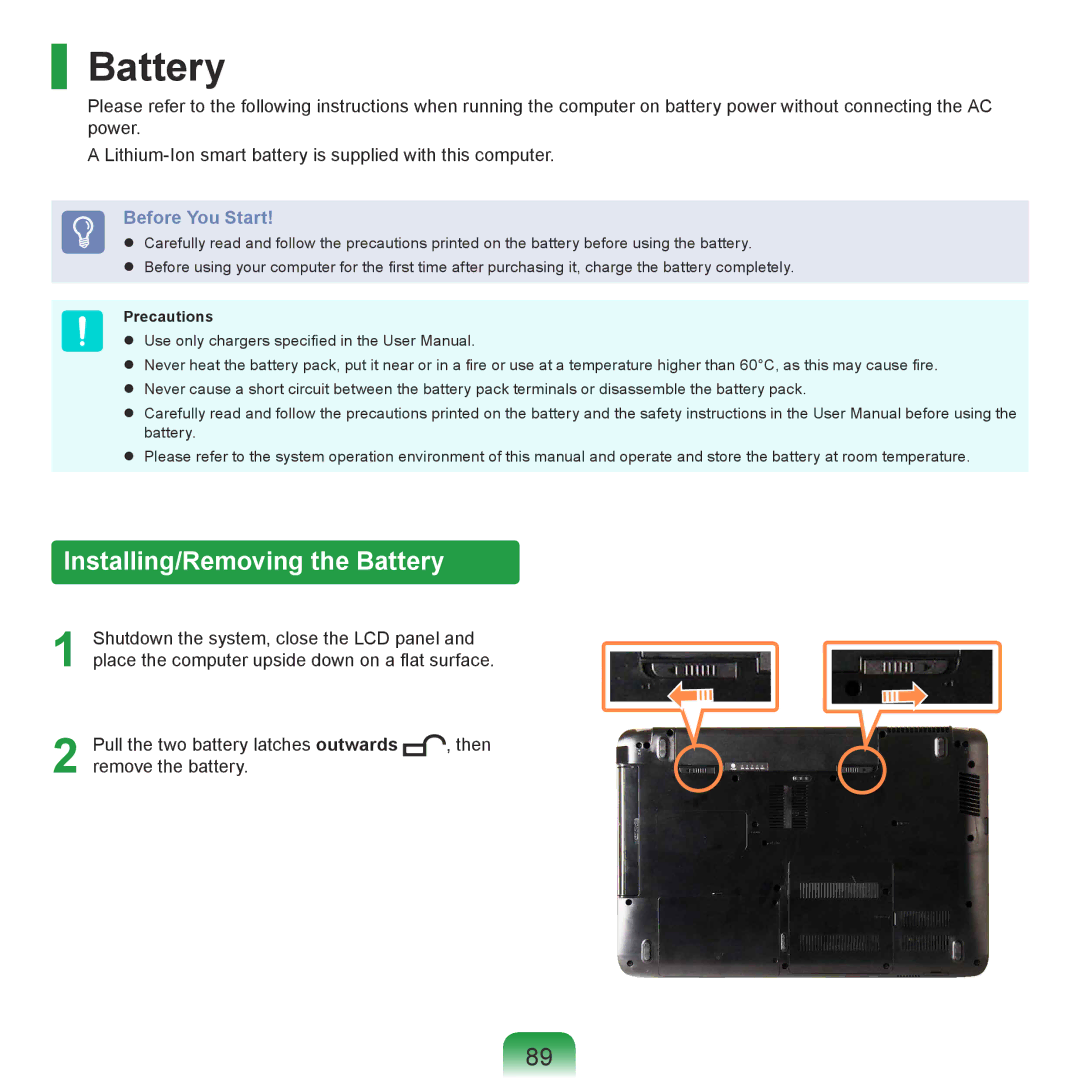 Samsung NP-RF710-S03DE, NP-R780-JS01UA, NP-R590-JS0YDE, NP-R580-JT03DE manual Installing/Removing the Battery, Precautions 