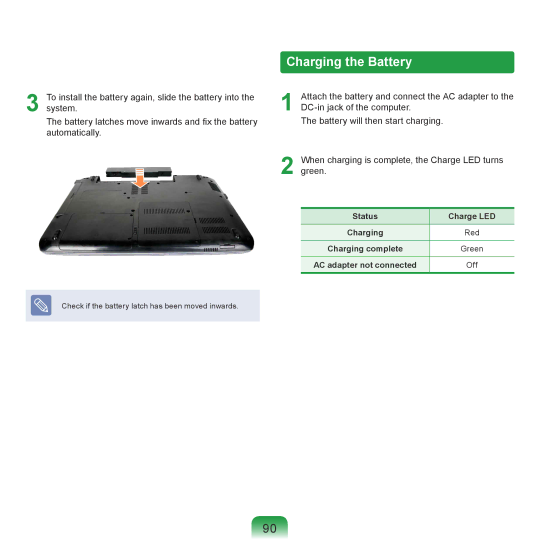 Samsung NP-RF710-S02UA, NP-R780-JS01UA manual Charging the Battery, Status Charge LED Charging Red Charging complete, Green 