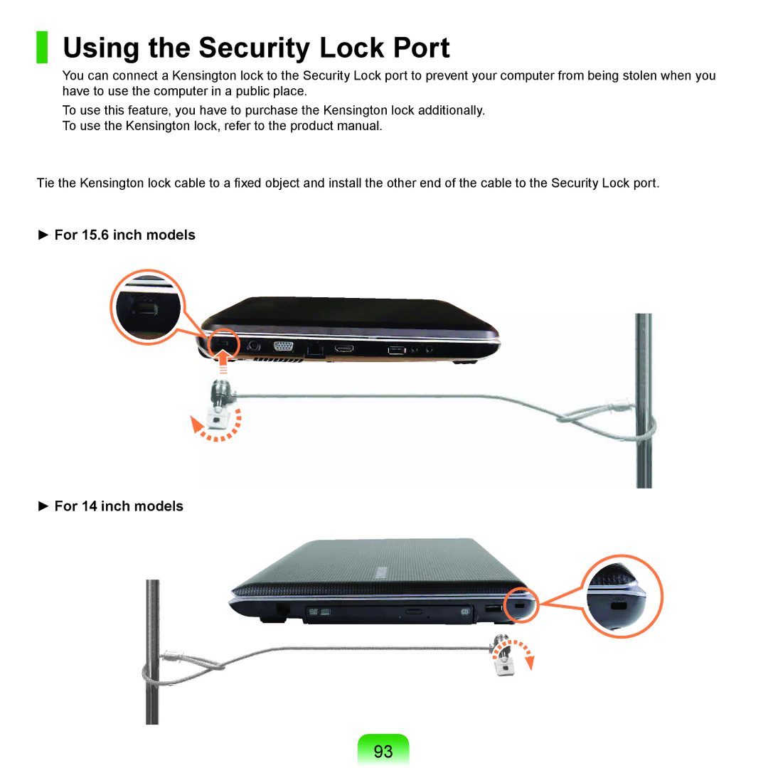 Samsung NP-R780-JT02DE, NP-R780-JS01UA, NP-Q210IBM/FR Using the Security Lock Port, For 15.6 inch models For 14 inch models 