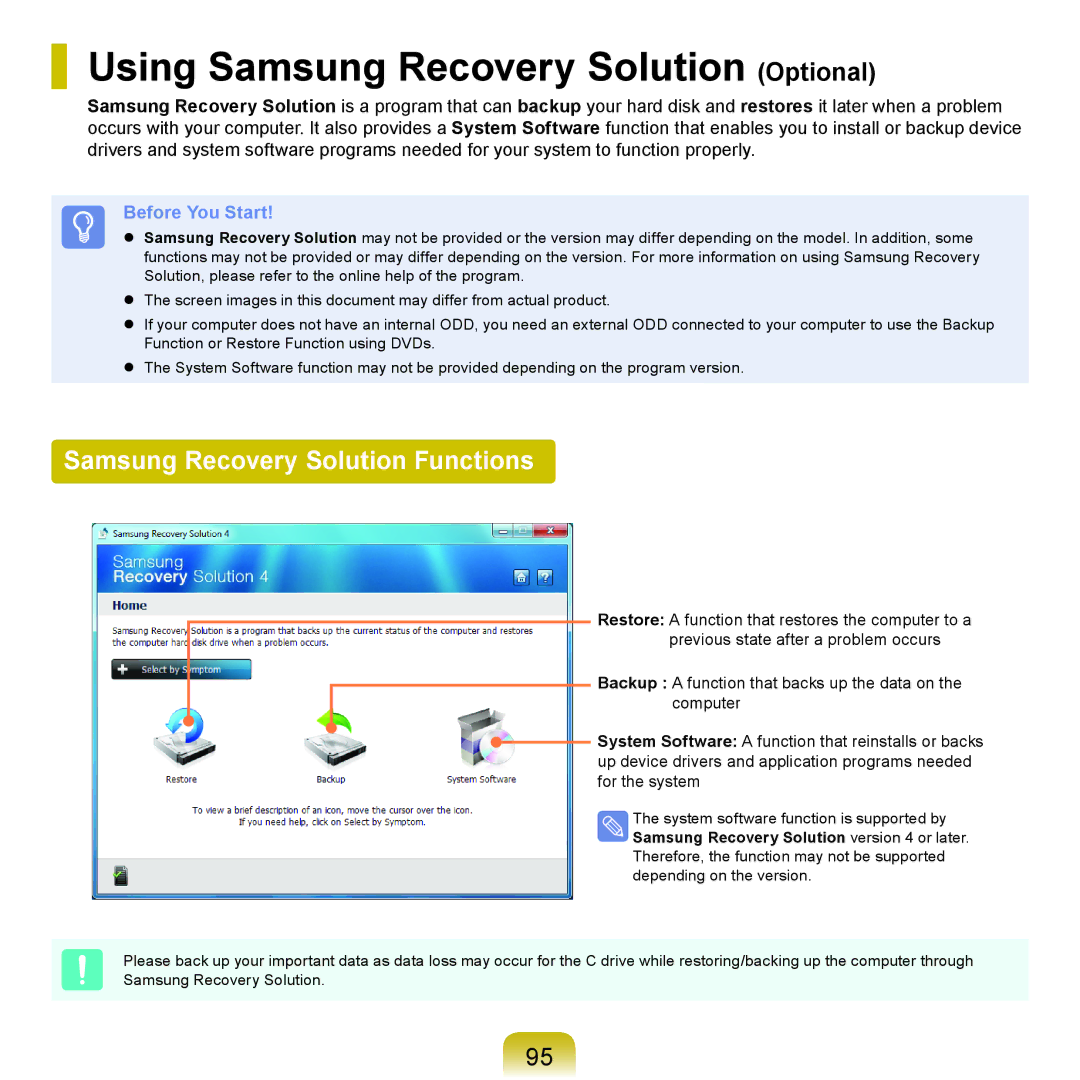 Samsung NP-R780-JS05UA, NP-R780-JS01UA manual Using Samsung Recovery Solution Optional, Samsung Recovery Solution Functions 