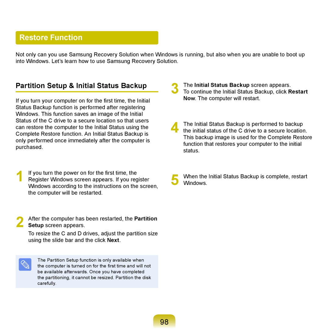 Samsung NP-P210-AAY1DE Restore Function, Partition Setup & Initial Status Backup, Initial Status Backup screen appears 