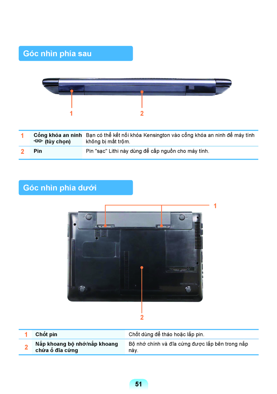 Samsung NP-RC408-S03VN Góc nhìn phía sau, Góc nhìn phía dưới, Chốt pin Chốt dùng để tháo hoặc lắp pin, Chứa ổ đĩa cứngnày 