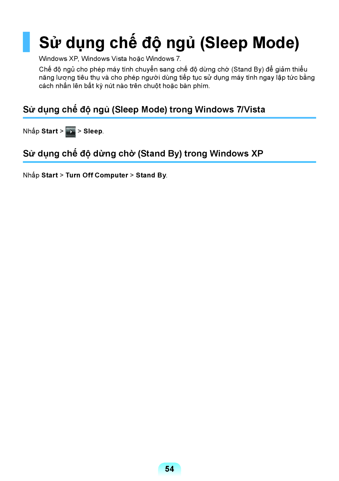 Samsung NP-RV509-S02VN, NP-RC408-S04VN manual Sử dụng chế độ ngủ Sleep Mode trong Windows 7/Vista, Nhấp Start Sleep 