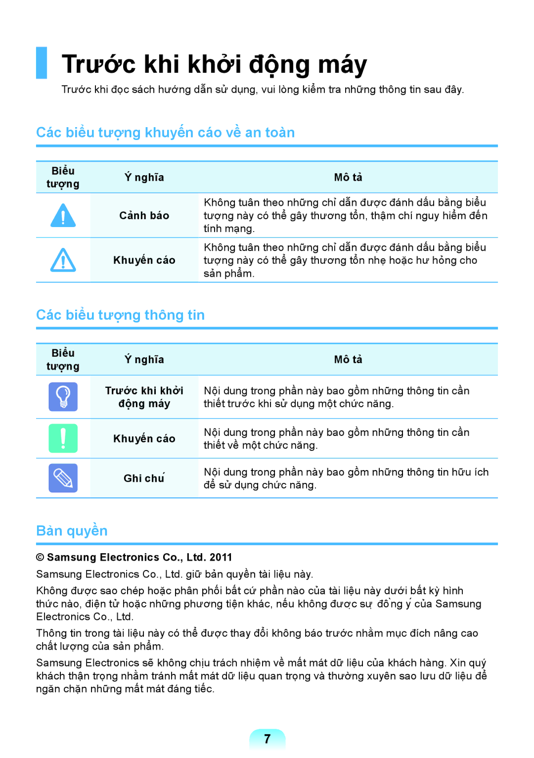 Samsung NP-RV509-A01VN Trước khi khởi động máy, Các biểu tượng khuyến cáo về an toàn, Các biểu tượng thông tin, Bản quyền 