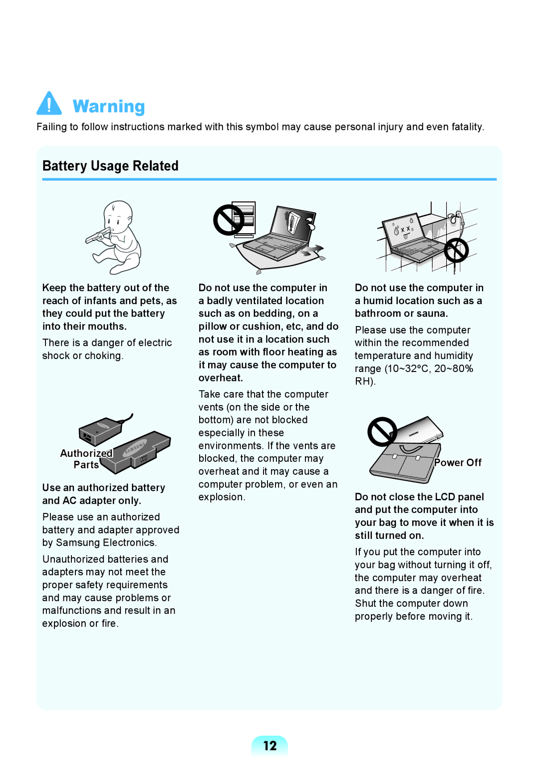 Samsung NP-RV408-A01UA manual Battery Usage Related, There is a danger of electric shock or choking, Authorized Parts 