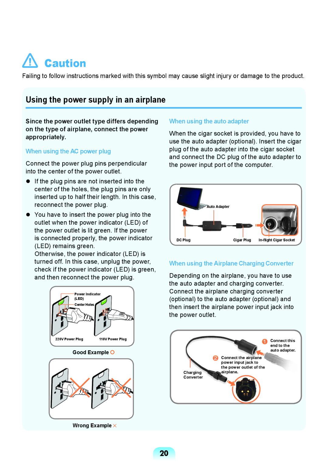 Samsung NP-RV408-A01RU, NP-RV408-A01UA, NP-RV408-A01VN Using the power supply in an airplane, When using the AC power plug 