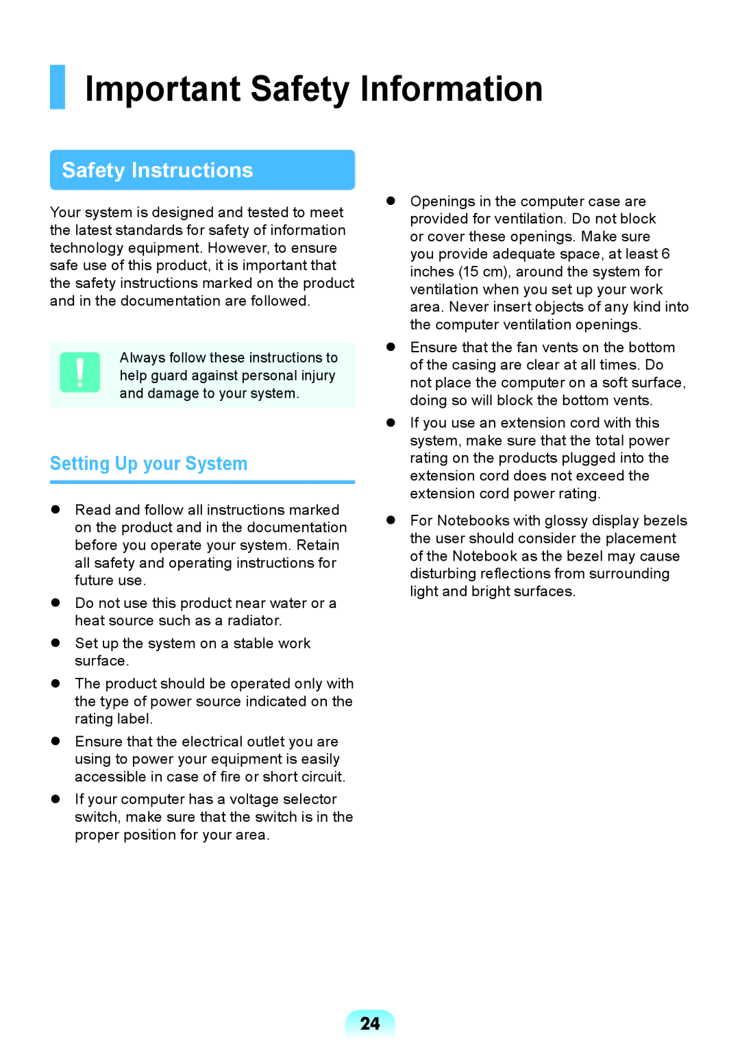 Samsung NP-RV408-A01UA, NP-RV408-A01VN manual Important Safety Information, Safety Instructions, Setting Up your System 