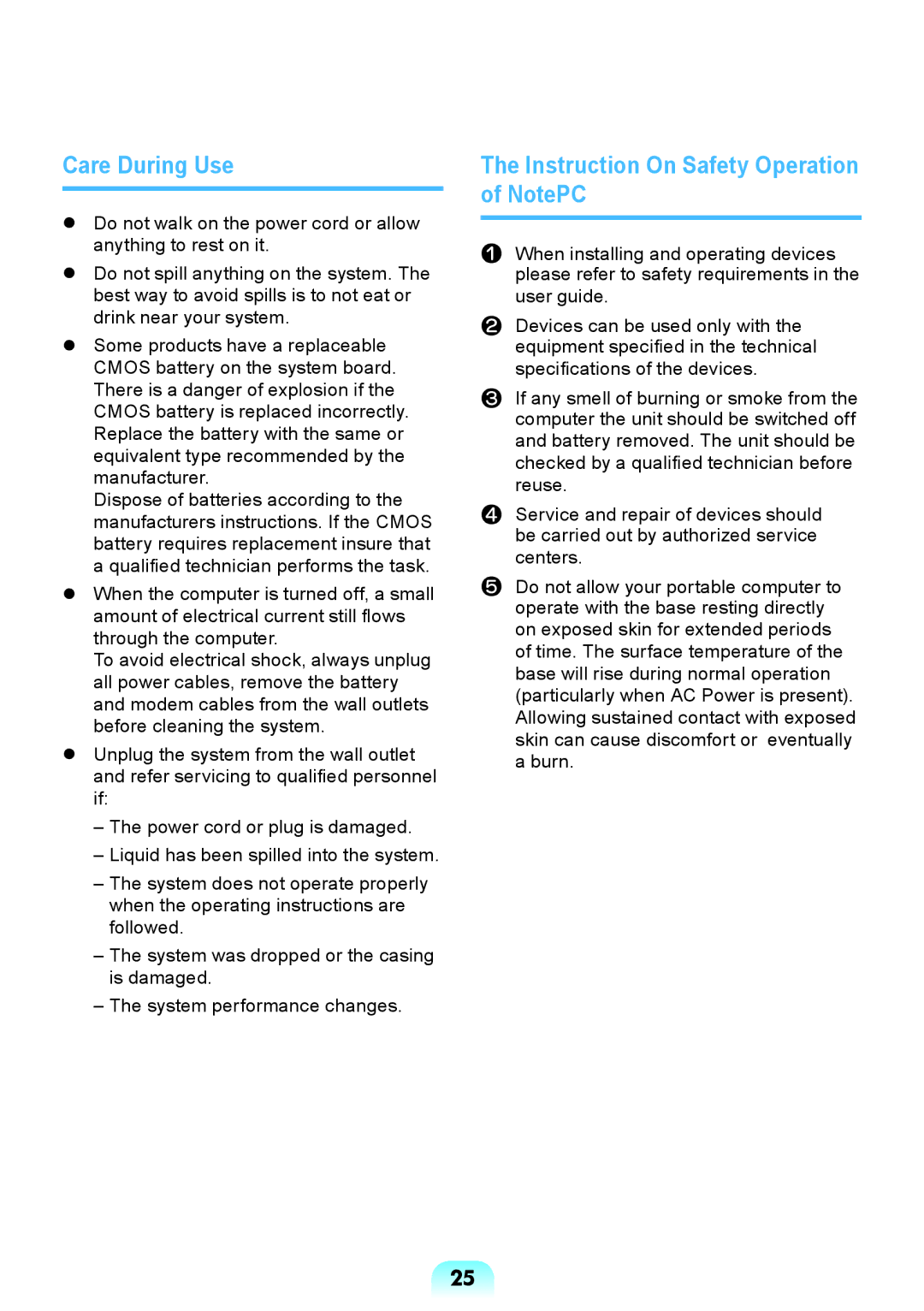 Samsung NP-RV408-A01VN, NP-RV408-A01UA, NP-RV408-A01RU manual Care During Use, Instruction On Safety Operation of NotePC 