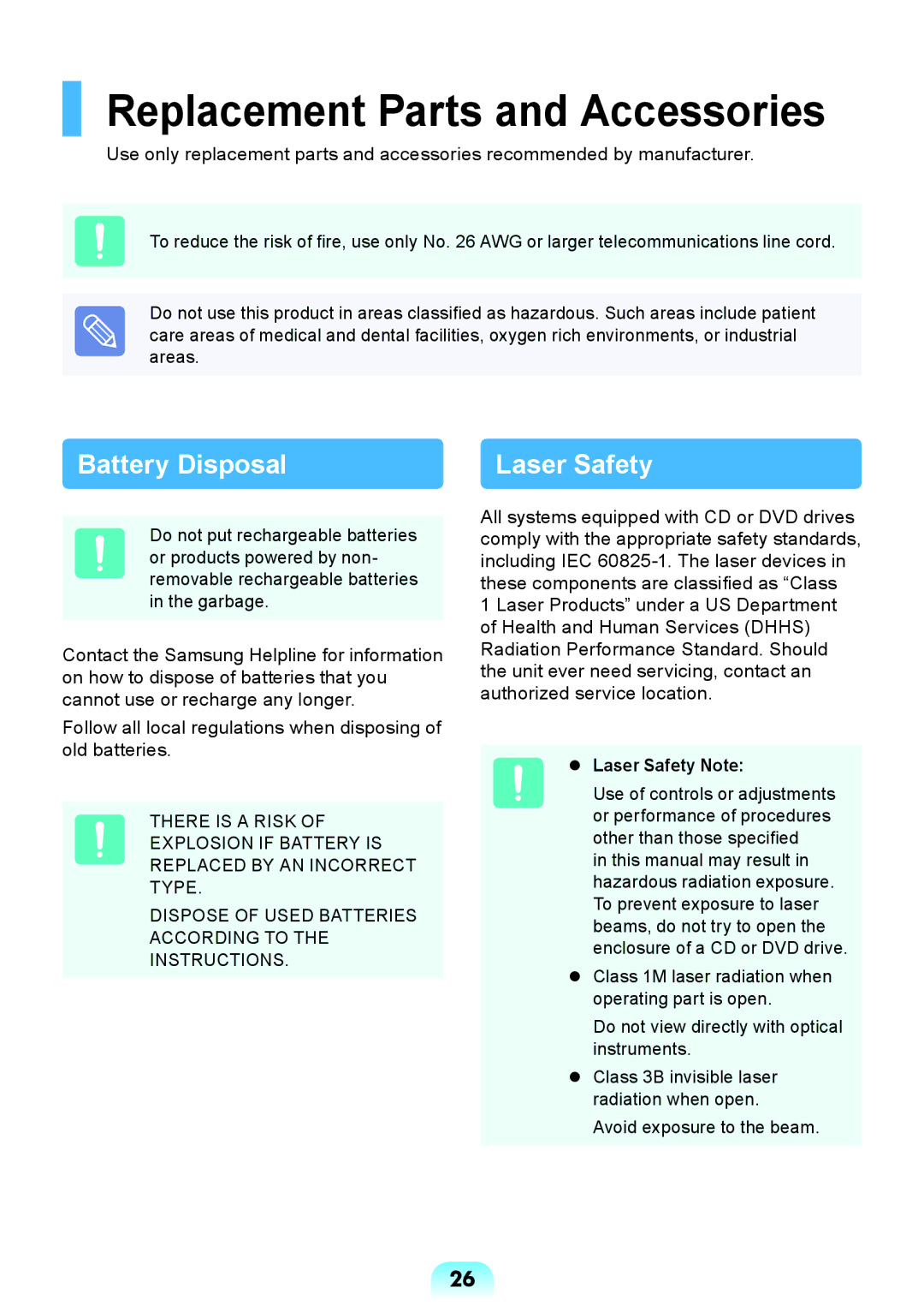 Samsung NP-RV408-A01RU manual Replacement Parts and Accessories, Battery Disposal Laser Safety,  Laser Safety Note 