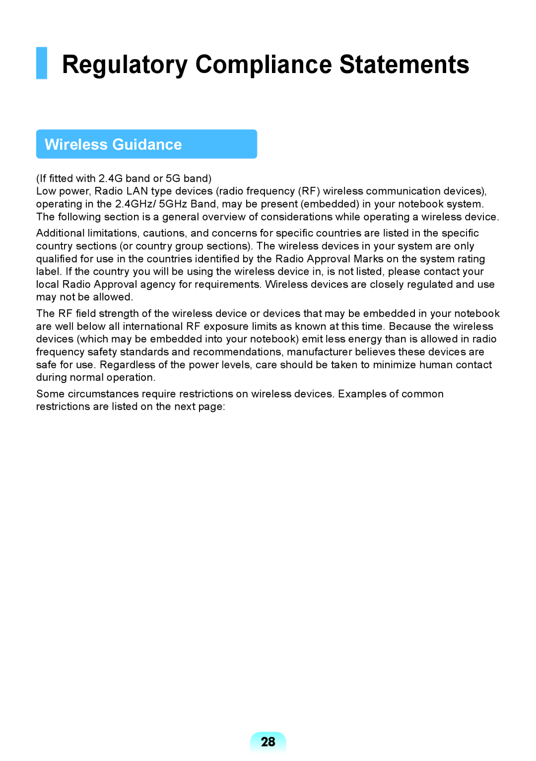 Samsung NP-RV408-A01VN, NP-RV408-A01UA, NP-RV408-A01RU manual Regulatory Compliance Statements, Wireless Guidance 