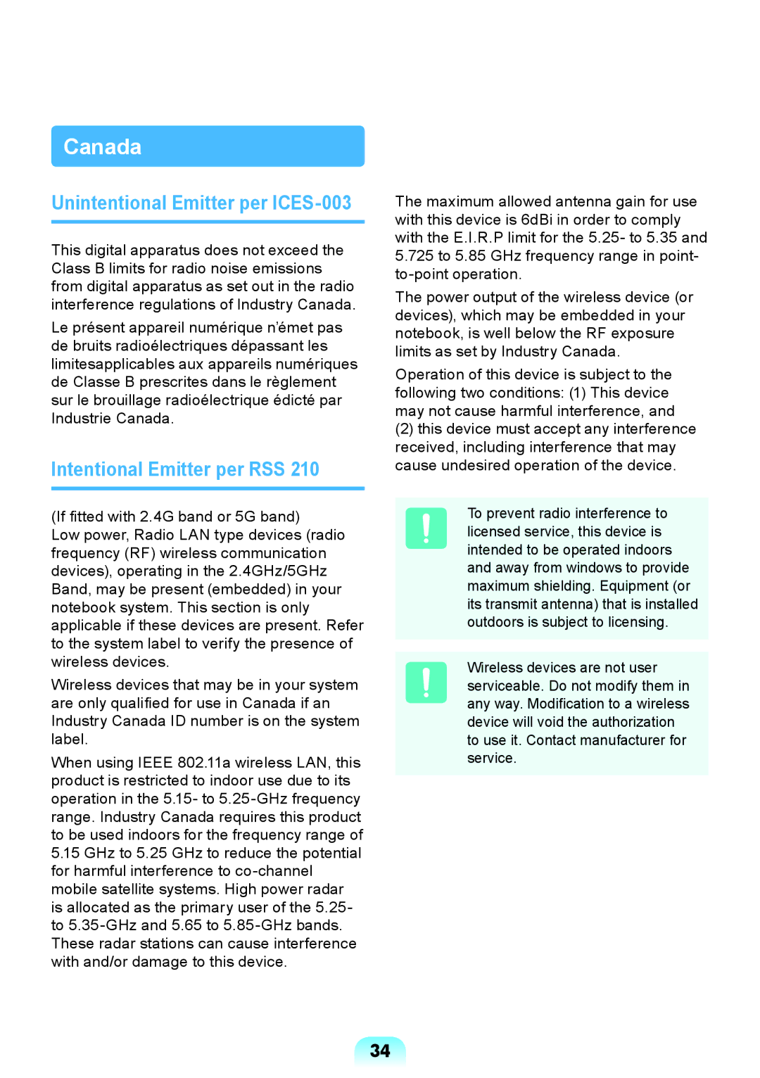 Samsung NP-RV408-A01VN, NP-RV408-A01UA manual Canada, Unintentional Emitter per ICES-003, Intentional Emitter per RSS 