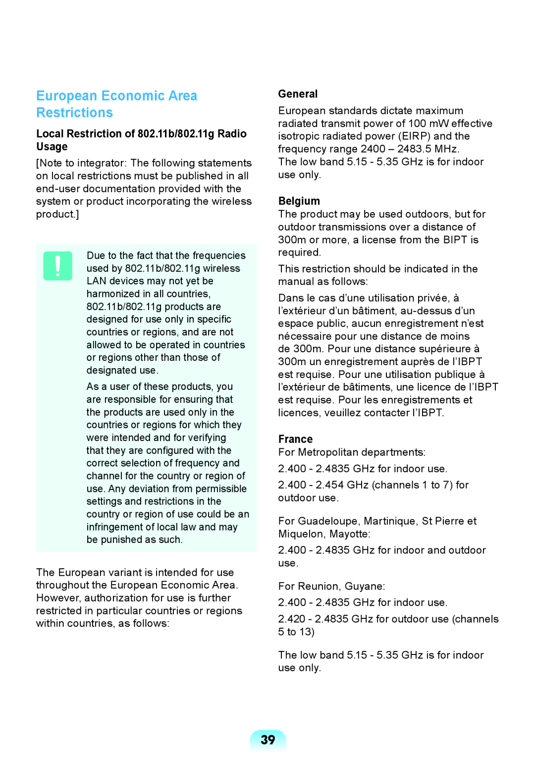 Samsung NP-RV408-A01UA European Economic Area Restrictions, Local Restriction of 802.11b/802.11g Radio Usage, General 