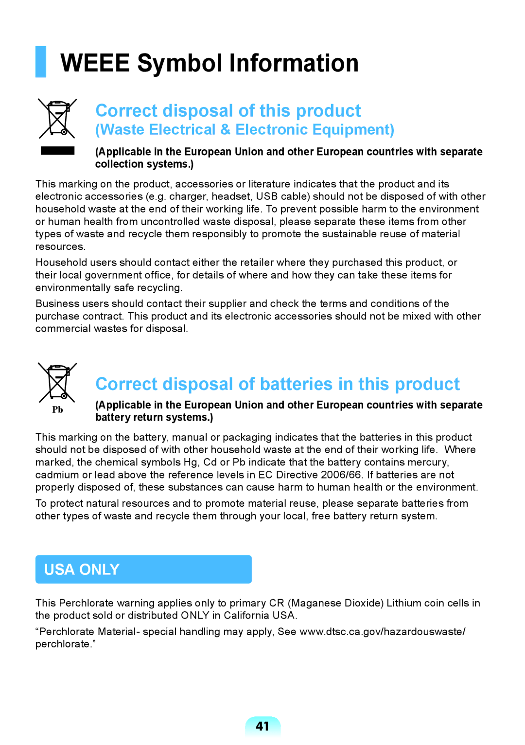 Samsung NP-RV408-A01RU, NP-RV408-A01UA, NP-RV408-A01VN manual Weee Symbol Information, Battery return systems 