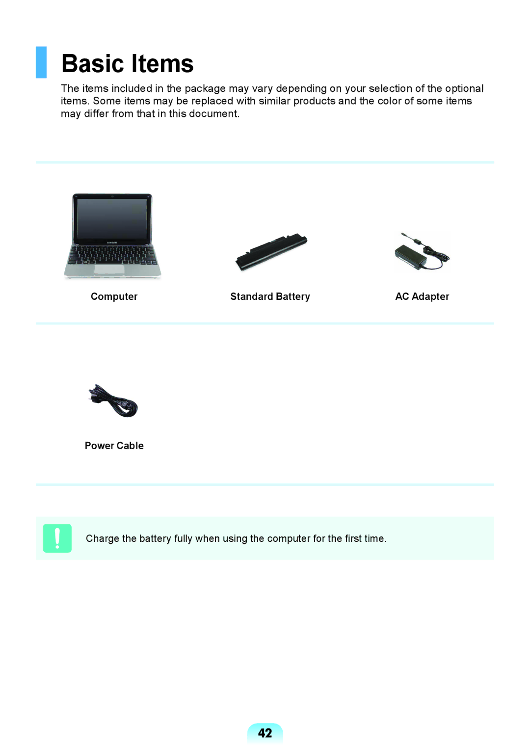 Samsung NP-RV408-A01UA, NP-RV408-A01VN, NP-RV408-A01RU manual Basic Items, Computer Standard Battery AC Adapter Power Cable 