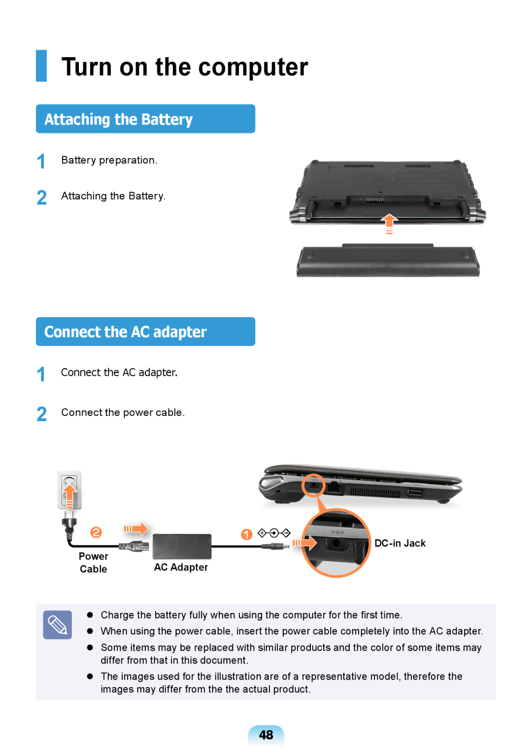 Samsung NP-RV408-A01UA, NP-RV408-A01VN, NP-RV408-A01RU Turn on the computer, Attaching the Battery, Connect the AC adapter 