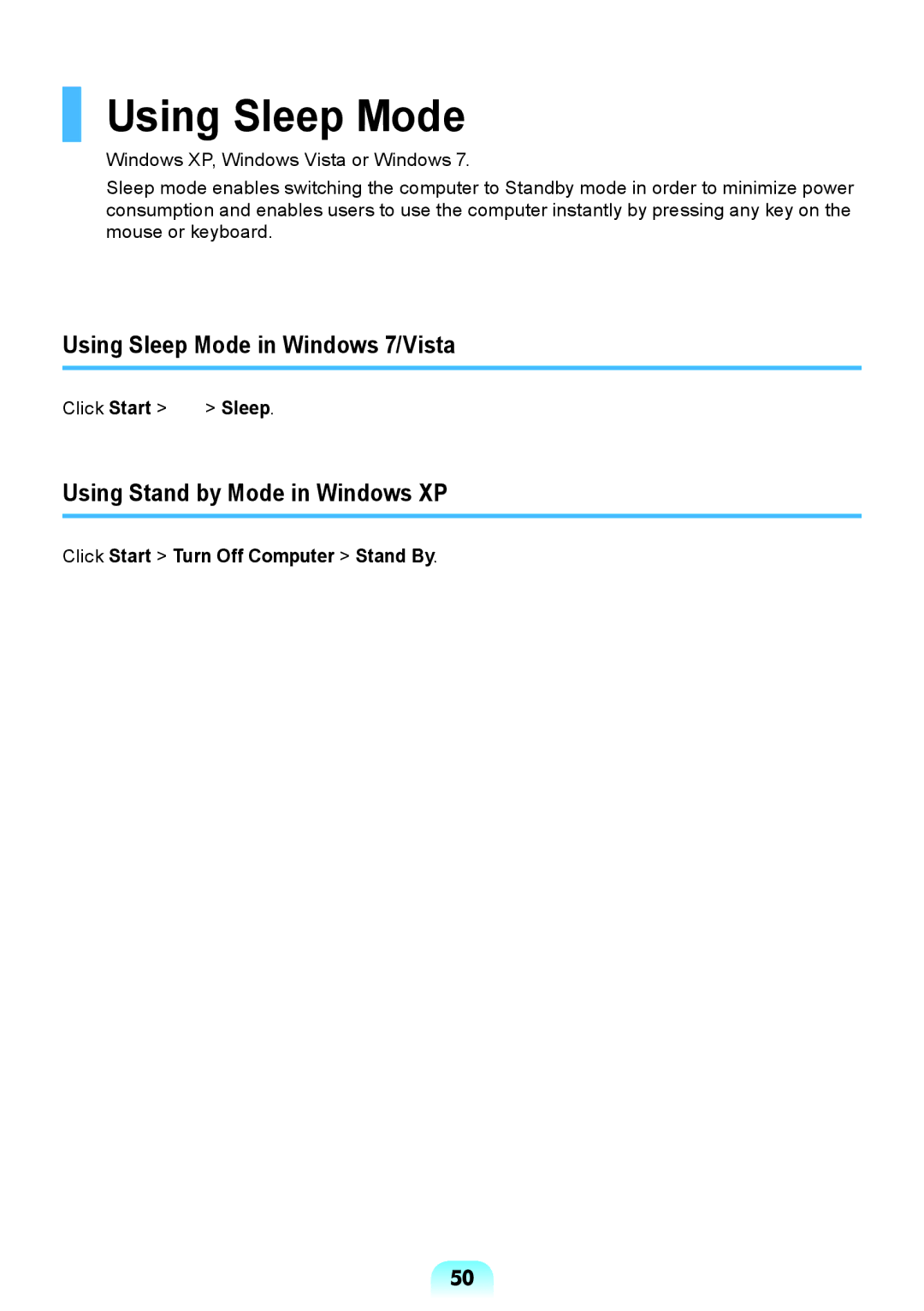 Samsung NP-RV408-A01RU manual Using Sleep Mode in Windows 7/Vista, Using Stand by Mode in Windows XP, Click Start 