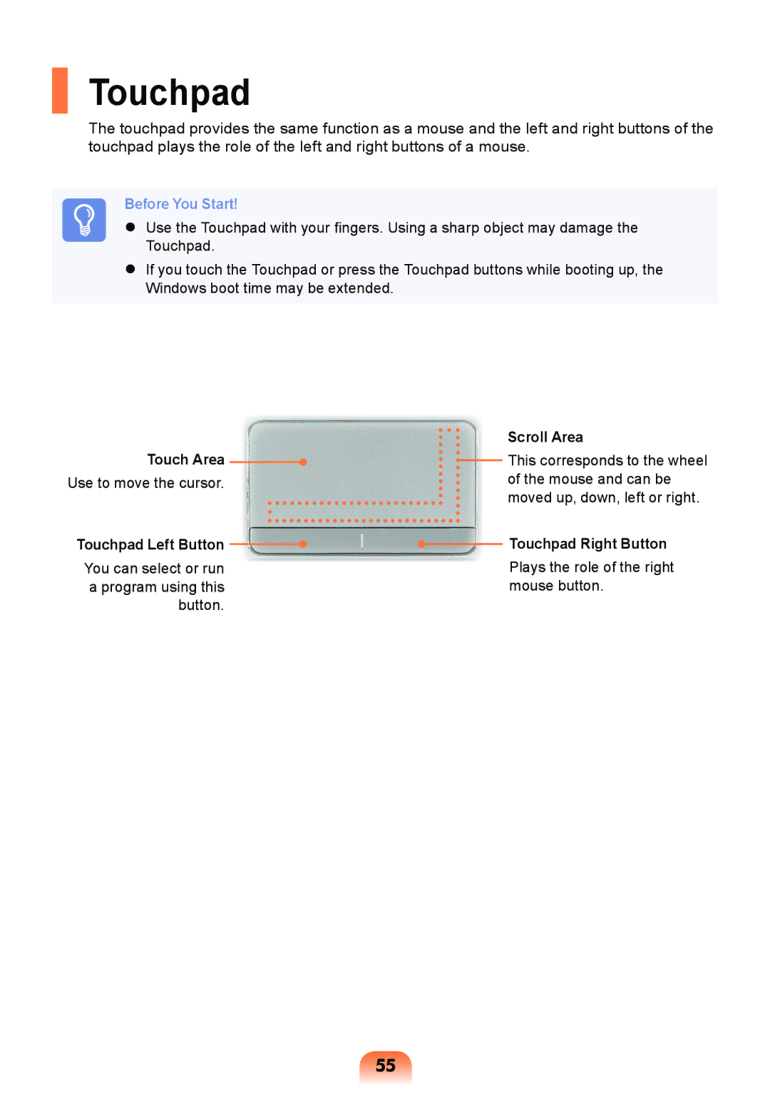 Samsung NP-RV408-A01VN, NP-RV408-A01UA manual Touch Area, Touchpad Left Button, Scroll Area, Touchpad Right Button 