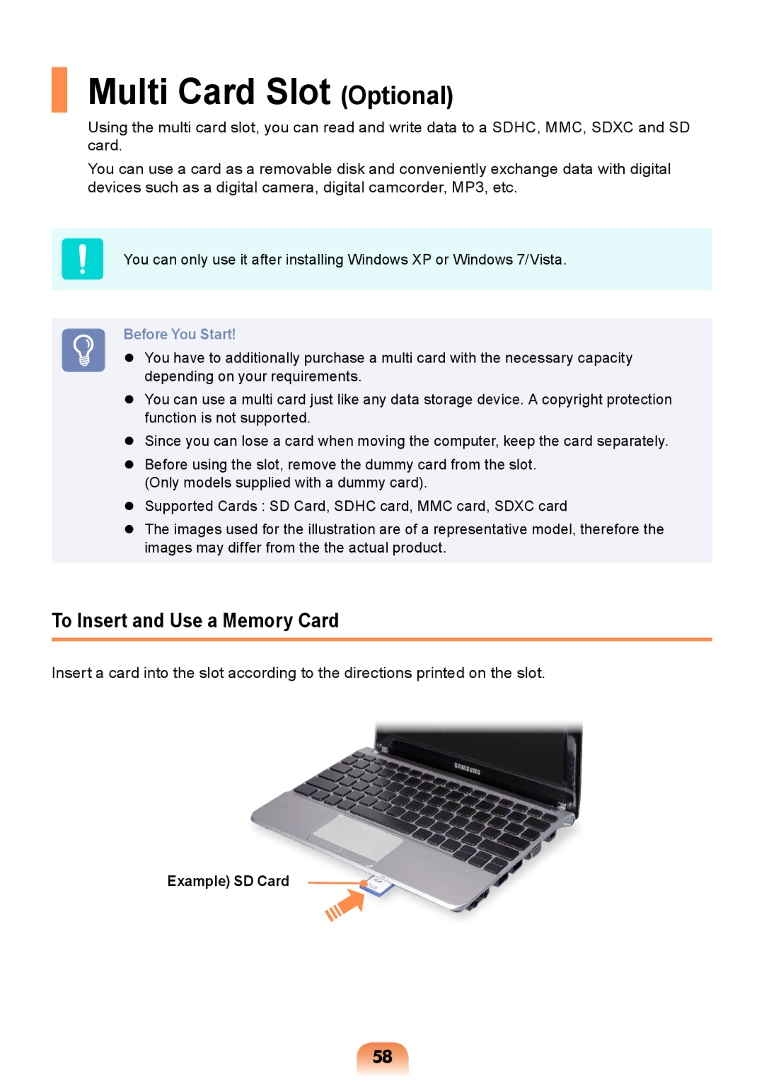 Samsung NP-RV408-A01VN, NP-RV408-A01UA manual Multi Card Slot Optional, To Insert and Use a Memory Card, Example SD Card 