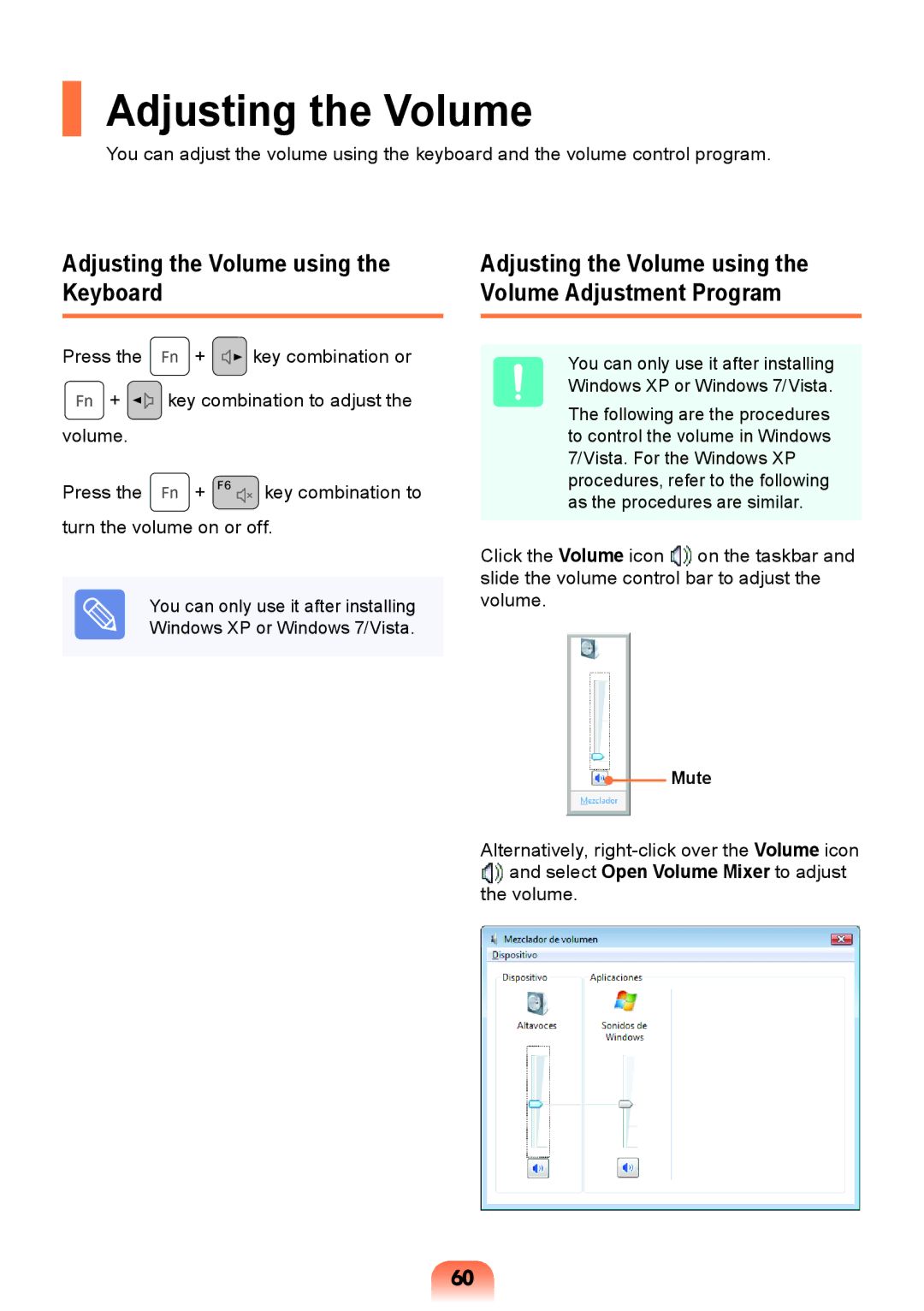 Samsung NP-RV408-A01UA, NP-RV408-A01VN, NP-RV408-A01RU manual Adjusting the Volume using the Keyboard, Mute 