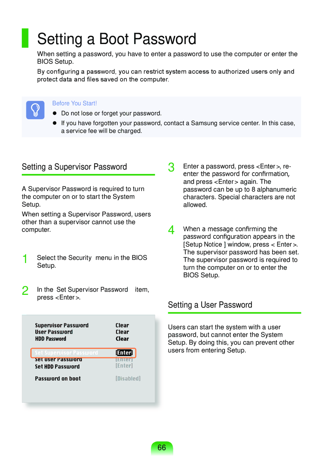 Samsung NP-RV408-A01UA, NP-RV408-A01VN Setting a Boot Password, Setting a Supervisor Password, Setting a User Password 