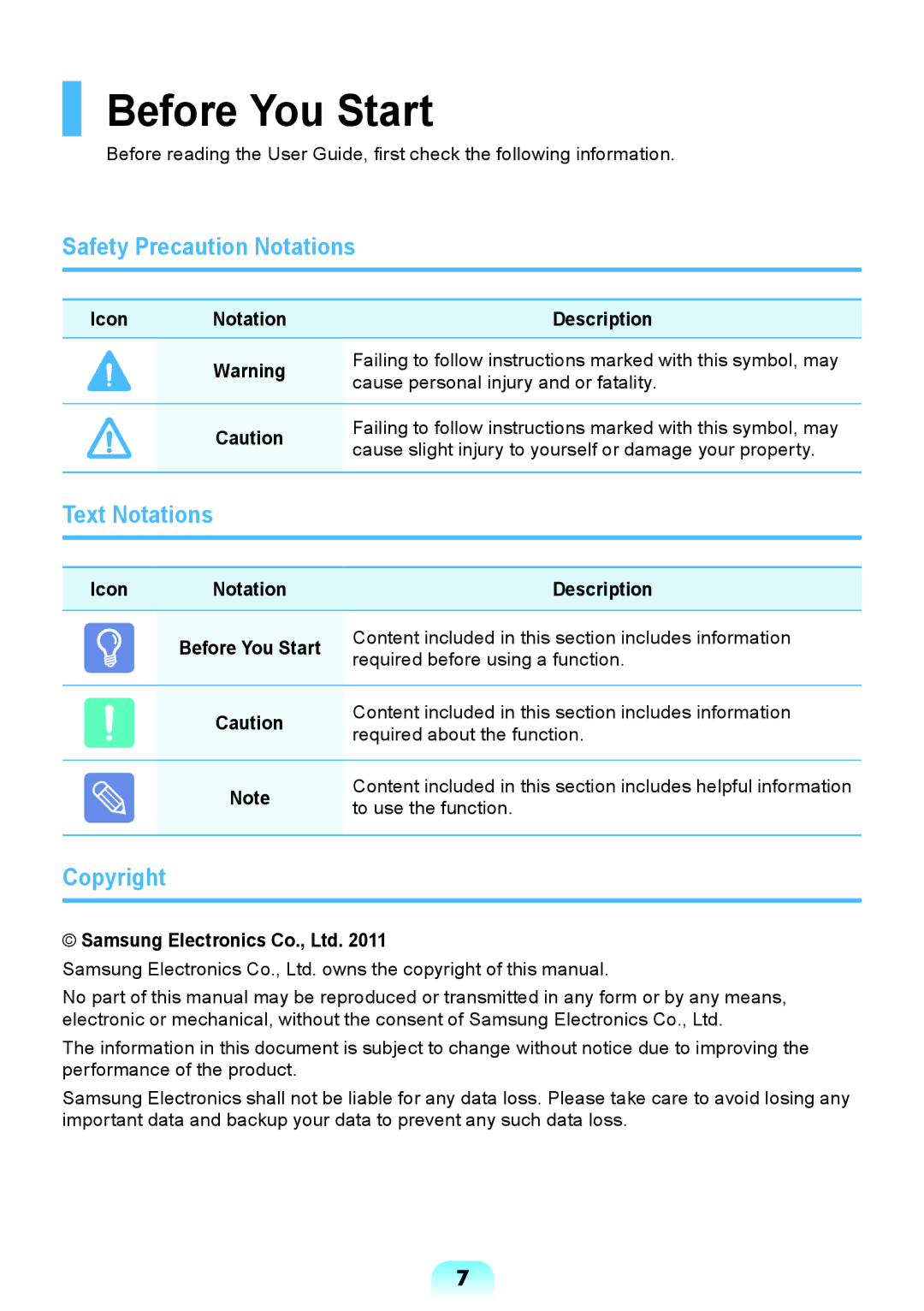 Samsung NP-RV408-A01VN Before You Start, Safety Precaution Notations, Text Notations, Copyright, Icon Notation Description 