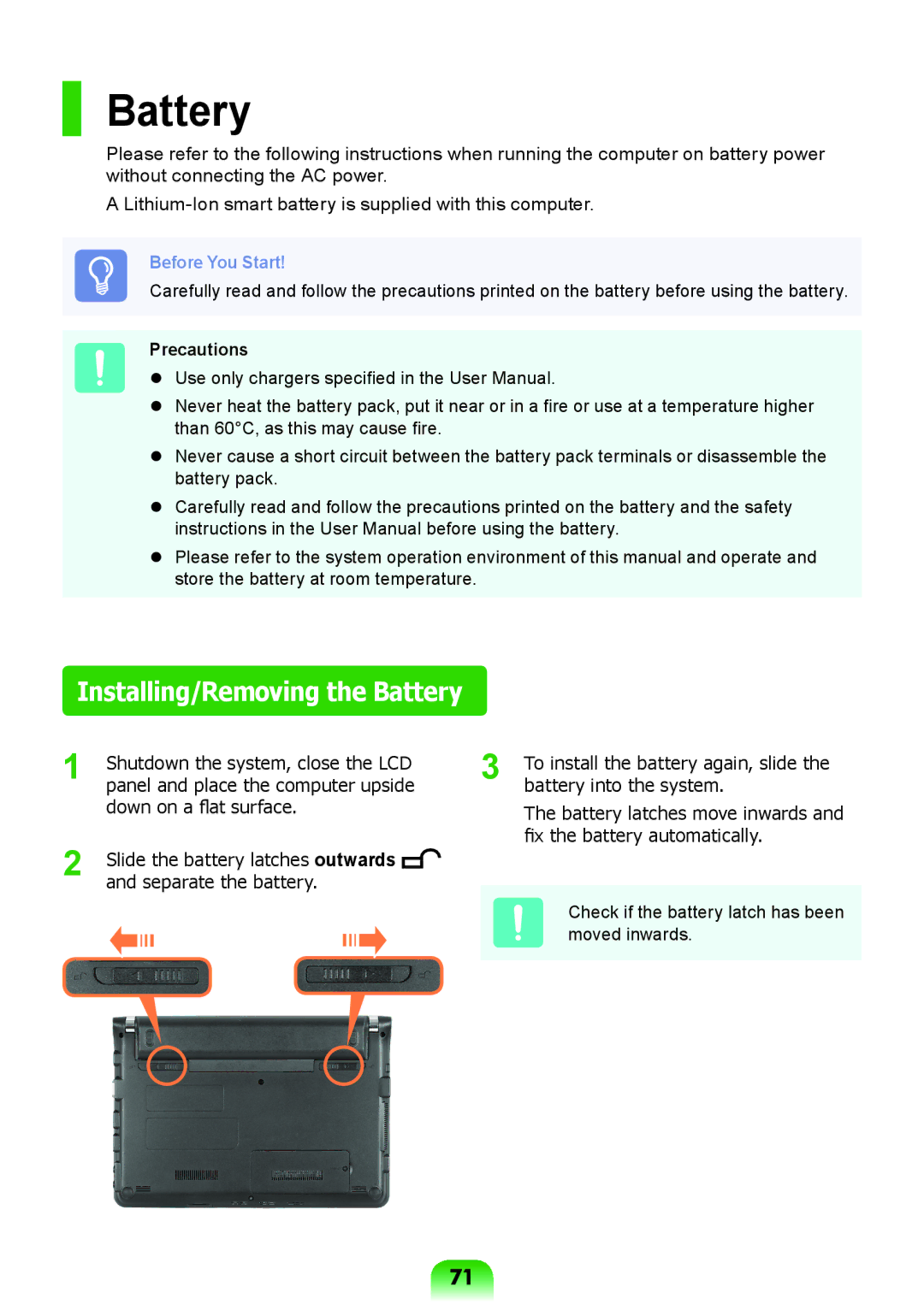 Samsung NP-RV408-A01RU Installing/Removing the Battery, Precautions, Check if the battery latch has been moved inwards 