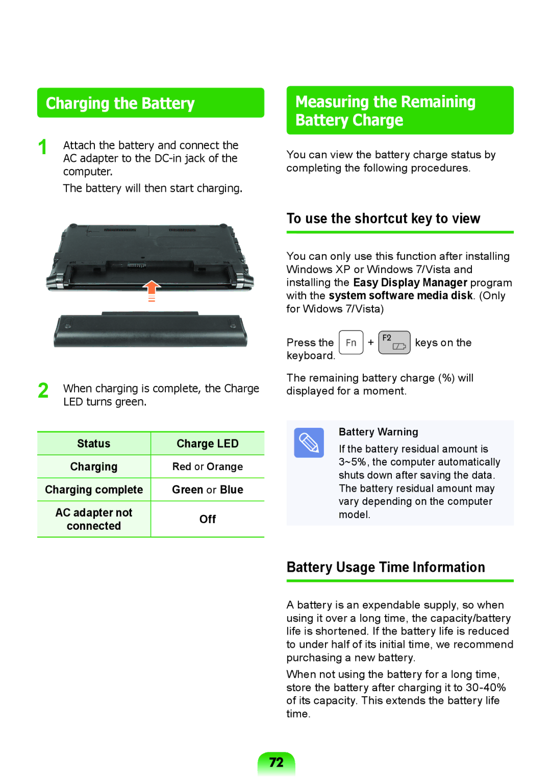 Samsung NP-RV408-A01UA manual Charging the Battery, To use the shortcut key to view, Battery Usage Time Information 