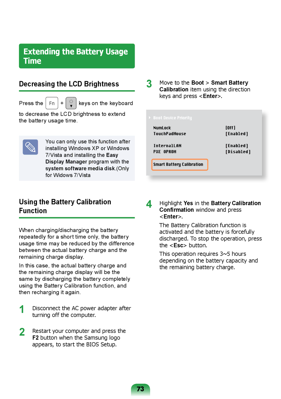 Samsung NP-RV408-A01VN Extending the Battery Usage Time, Decreasing the LCD Brightness, Move to the Boot Smart Battery 