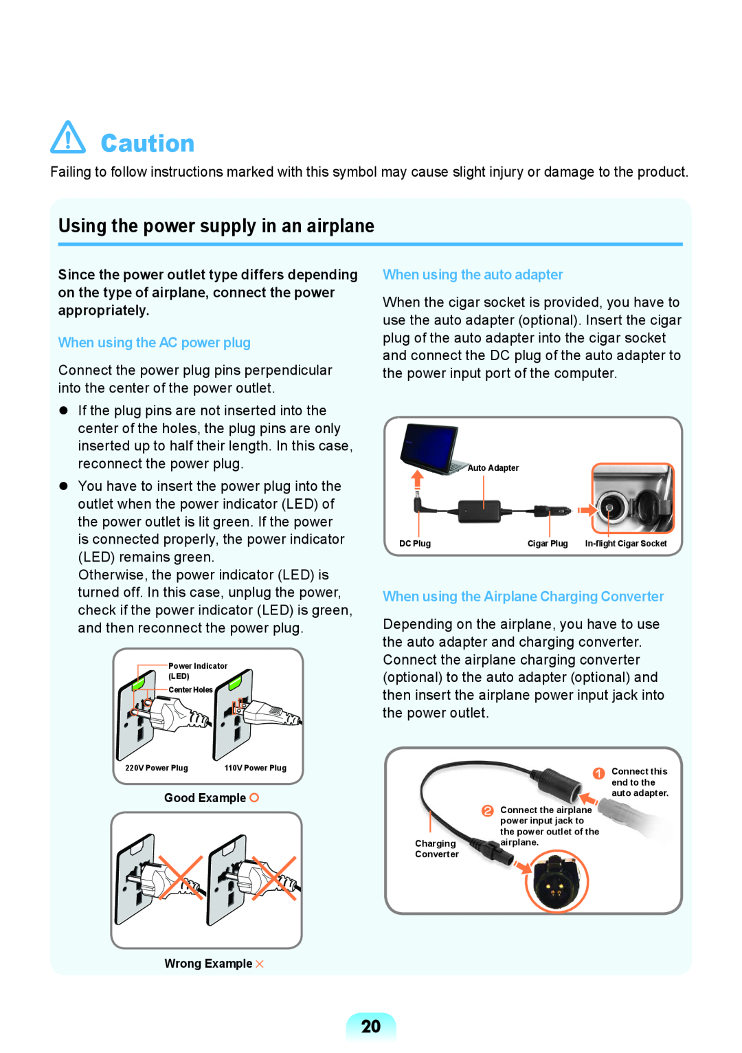 Samsung NP-RV408-A01RU Using the power supply in an airplane, When using the AC power plug, When using the auto adapter 
