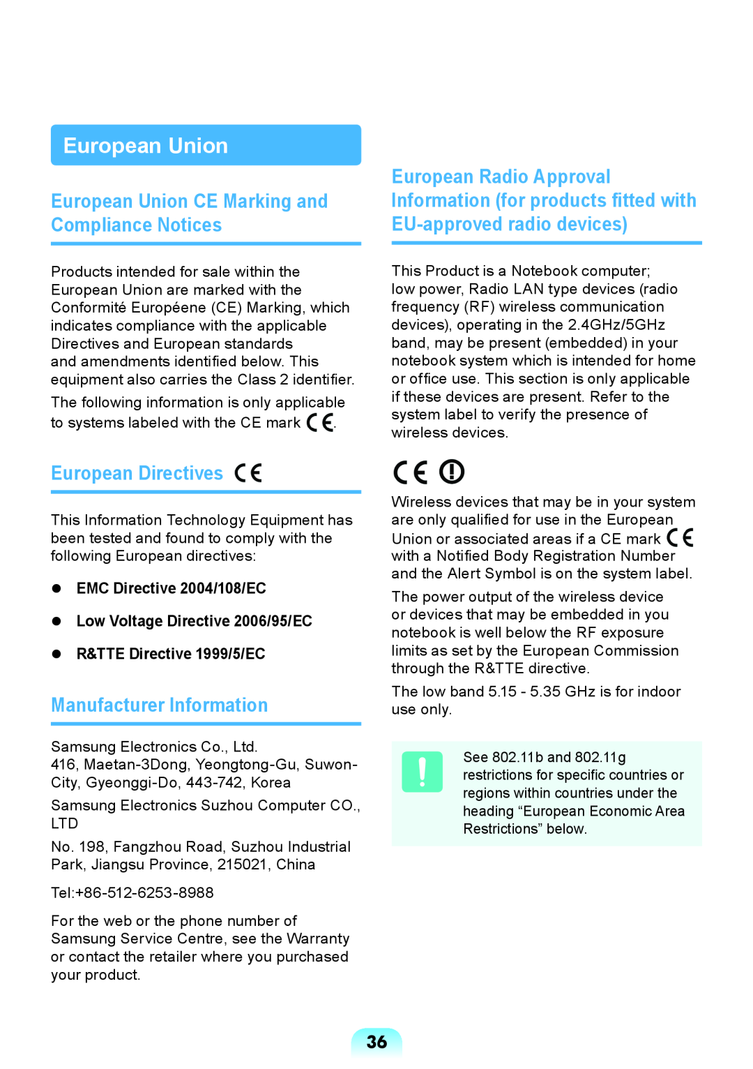 Samsung NP-RV408-A01UA European Union CE Marking and Compliance Notices, European Directives, Manufacturer Information 