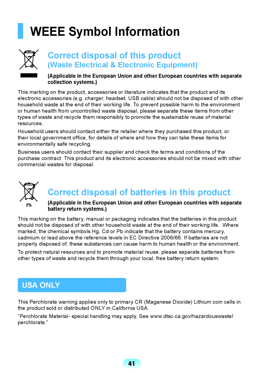 Samsung NP-RV408-A01RU manual WEEE Symbol Information, Usa Only, Correct disposal of this product, battery return systems 