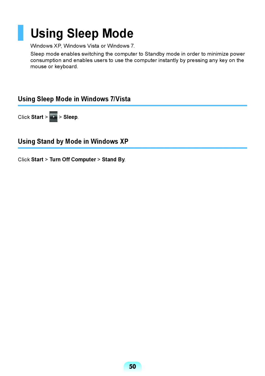 Samsung NP-RV408-A01RU, NP-RV408-A01UA manual Using Sleep Mode in Windows 7/Vista, Using Stand by Mode in Windows XP 