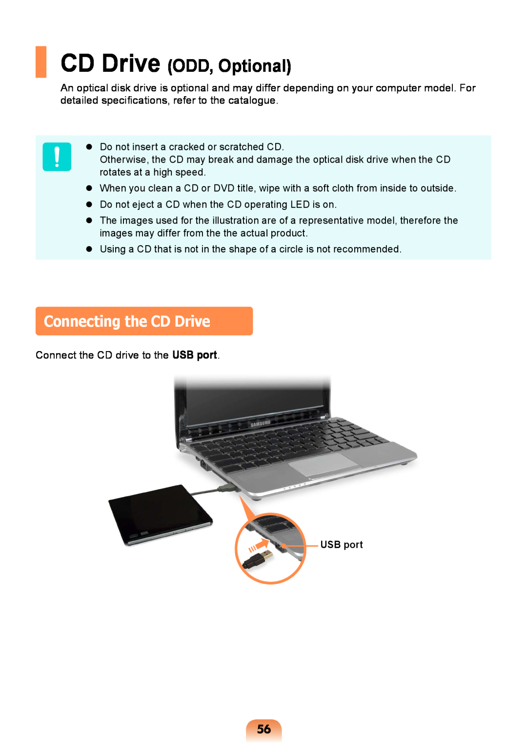 Samsung NP-RV408-A01RU, NP-RV408-A01UA, NP-RV408-A01VN manual Connecting the CD Drive, CD Drive ODD, Optional, USB port 
