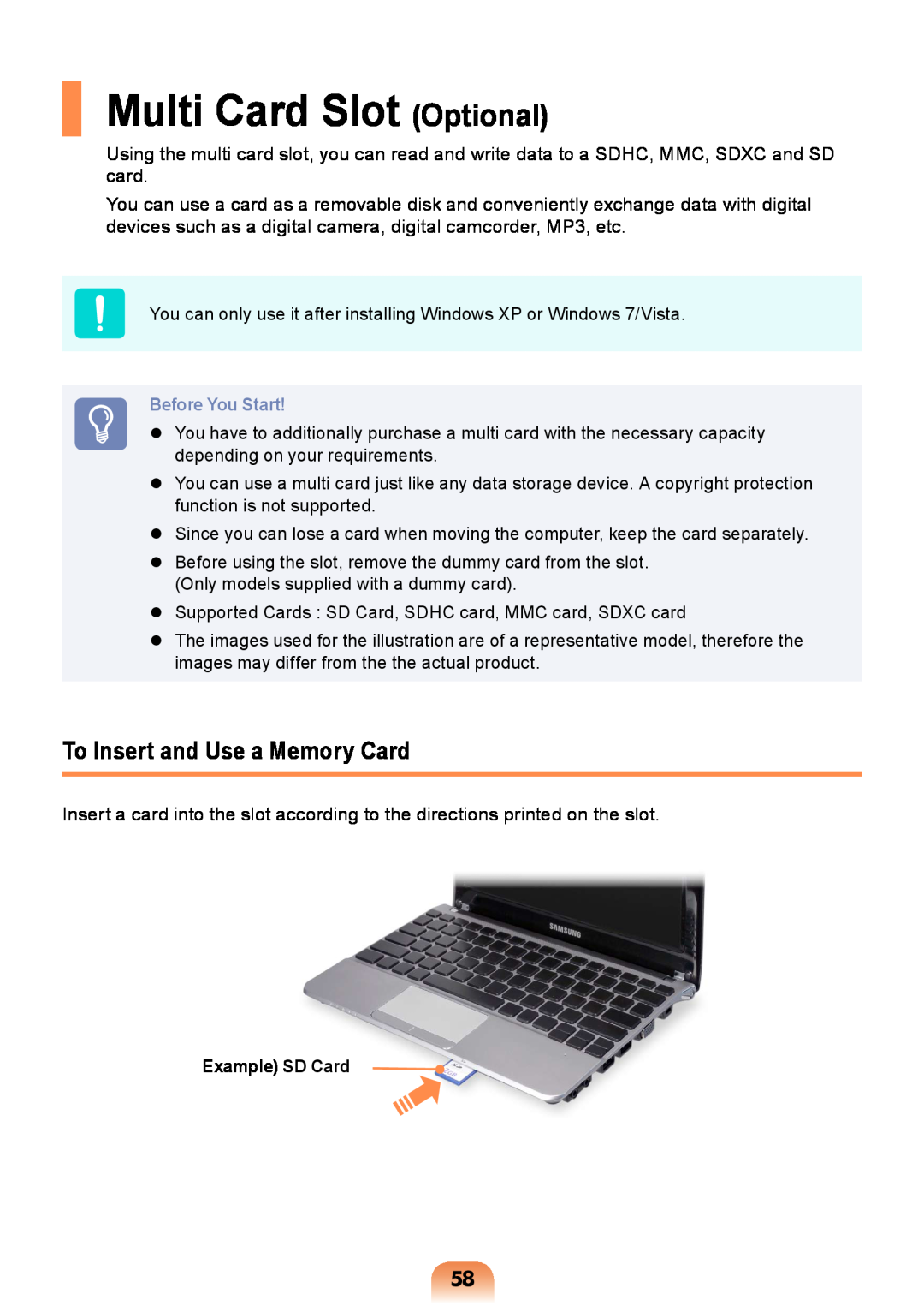 Samsung NP-RV408-A01VN manual Multi Card Slot Optional, To Insert and Use a Memory Card, Before You Start, Example SD Card 