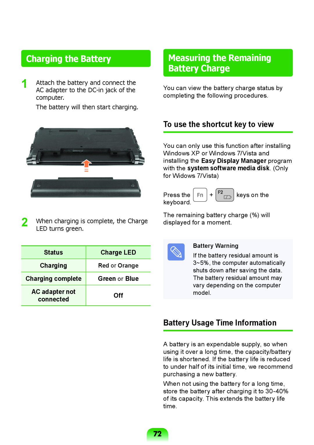 Samsung NP-RV408-A01UA Charging the Battery, To use the shortcut key to view, Battery Usage Time Information, Charge LED 